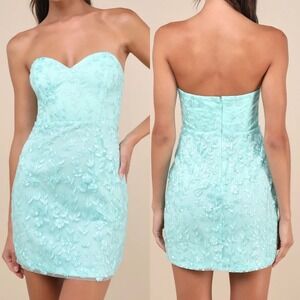 NWT Lulus Large Exquisite Sensation Teal Floral Embroidered Strapless Mini Dress